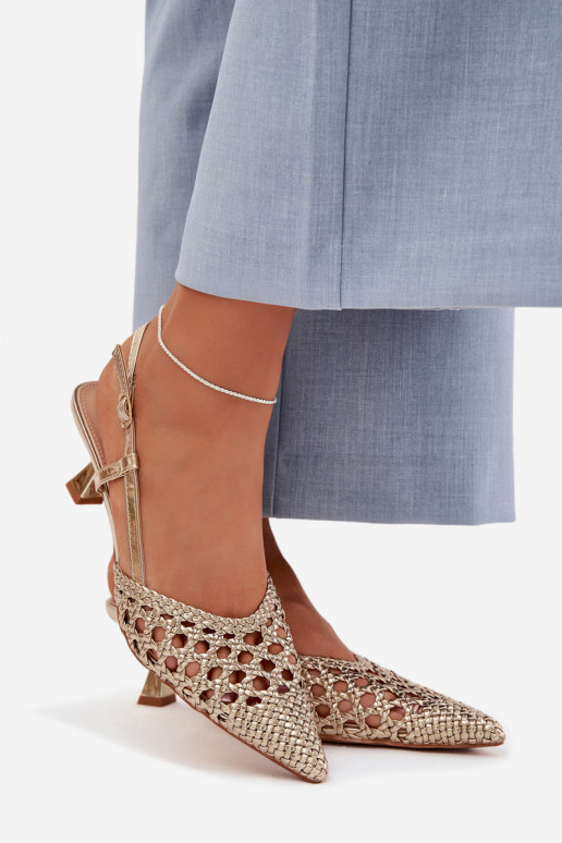 Plecione Sandały Damskie Na Obcasie Złote Selinae