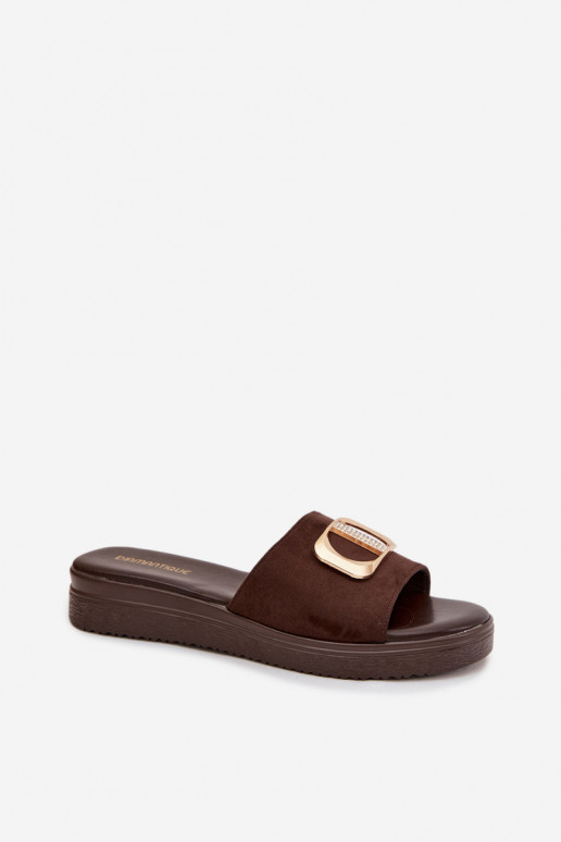 Klapki Damskie Ze Złotym Detalem Czekoladowe Elmera