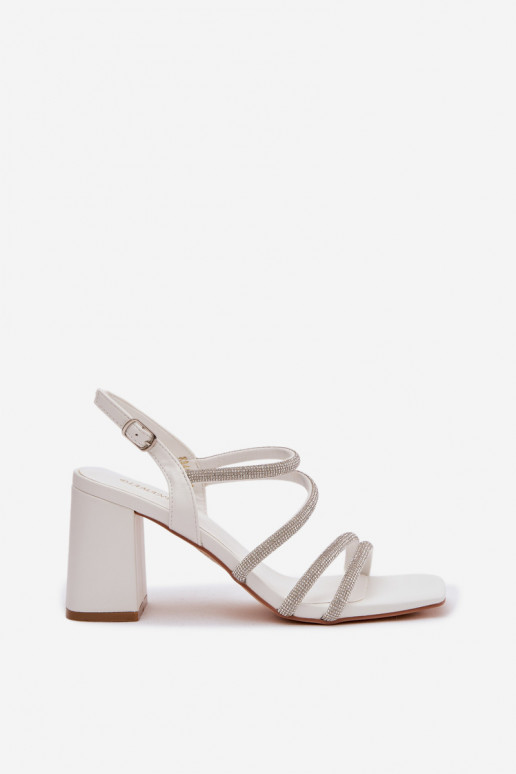 Women's Block Heel Sandals With Straps and Rhinestones White Brelia