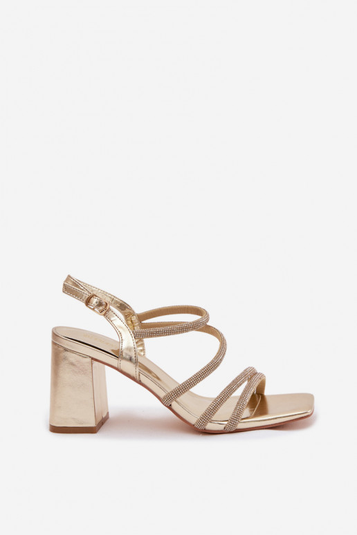 Women's Block Heel Sandals With Straps And Rhinestones Gold Brelia