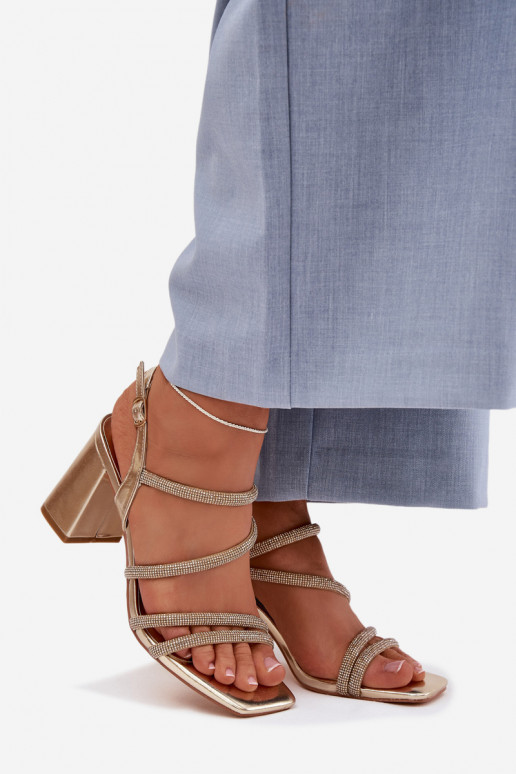 Women's Block Heel Sandals With Straps And Rhinestones Gold Brelia