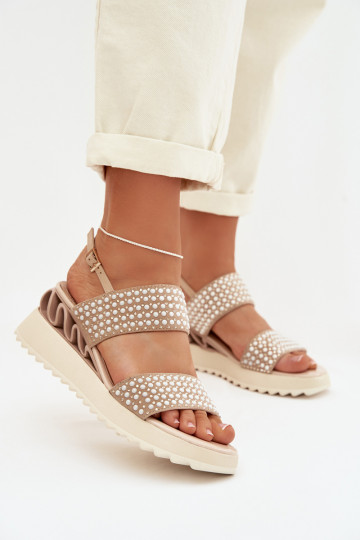 Leather Suede Sandals with Embellishment D&A CR61-3067 Beige