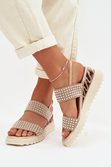 Leather Suede Sandals with Embellishment D&A CR61-3067 Beige 2