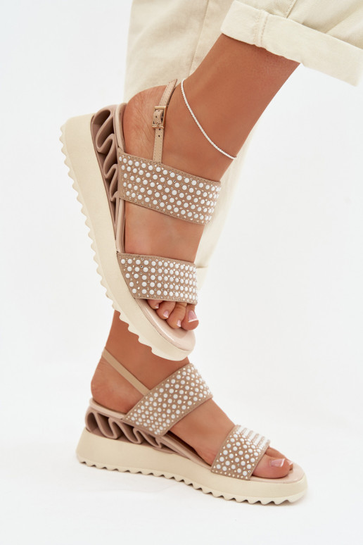 Leather Suede Sandals with Embellishment D&A CR61-3067 Beige