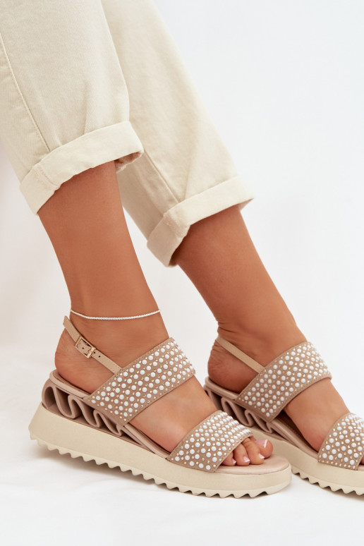 Leather Suede Sandals with Embellishment D&A CR61-3067 Beige