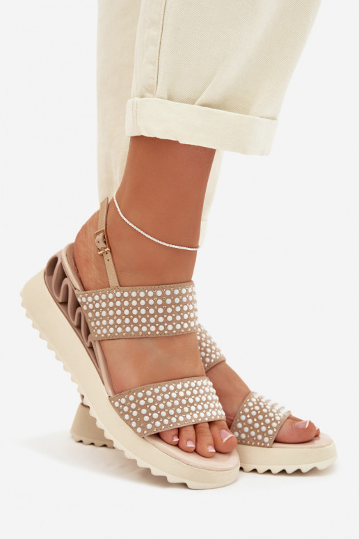 Leather Suede Sandals with Embellishment D&A CR61-3067 Beige