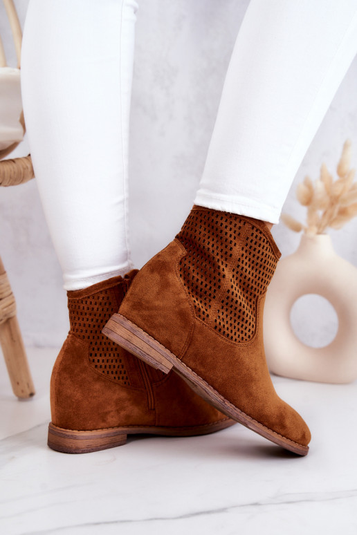 Zamszowe Damskie Botki Ukryty Koturn Camel Solene