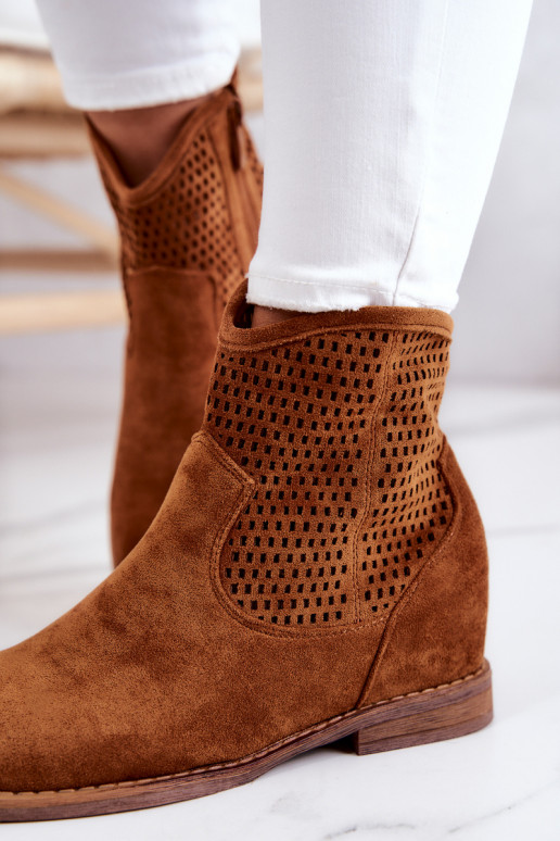 Zamszowe Damskie Botki Ukryty Koturn Camel Solene