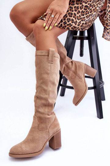 Women's Suede Boots on Heel Beige Khabira