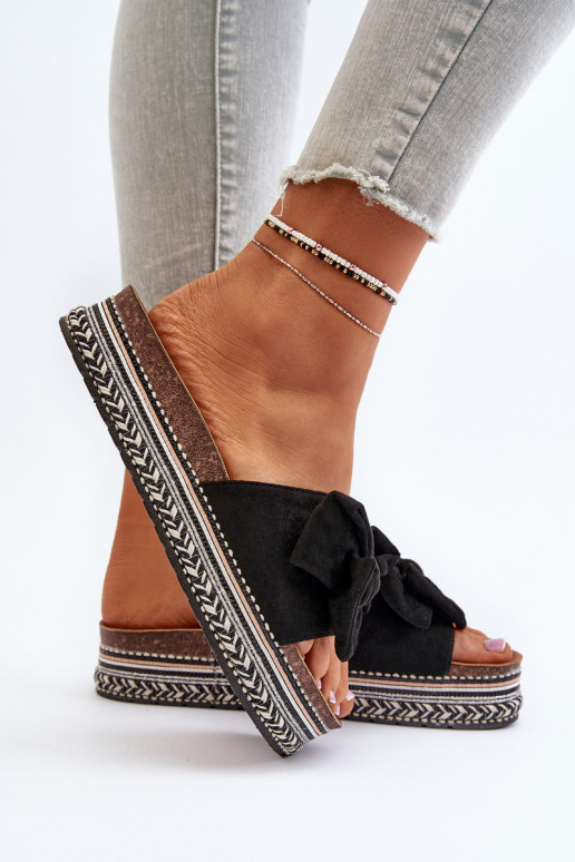 Klapki Damskie Na PlatformiewithKokardą Czarne Evatria