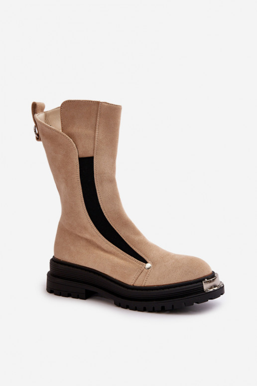 Suede Insulated Boots On Flat Heel Light Beige Palimra