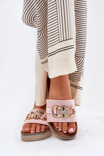 Women's Platform Slides With Glitter And Gold Decoration Pink Rilirea