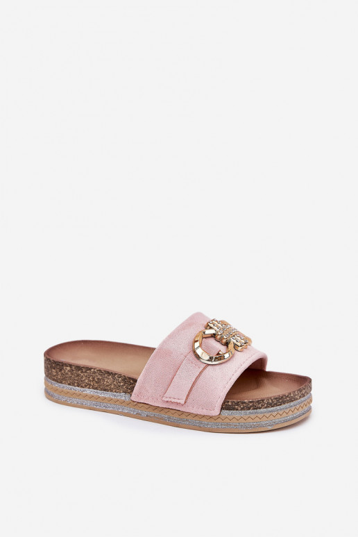 Women's Platform Slides With Glitter And Gold Decoration Pink Rilirea