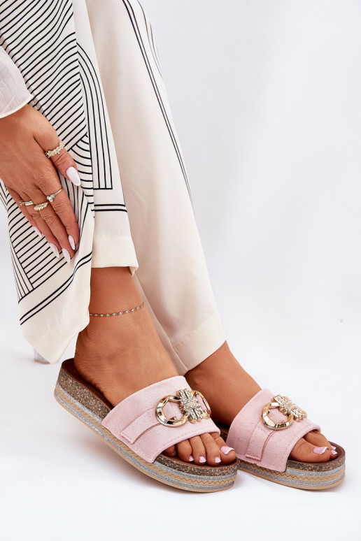 Women's Platform Slides With Glitter And Gold Decoration Pink Rilirea