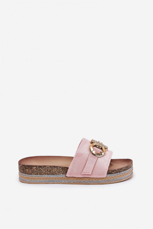 Women's Platform Slides With Glitter And Gold Decoration Pink Rilirea