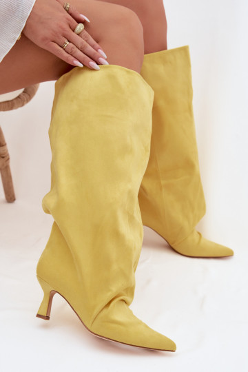Yellow Harela Wide Shaft Boots with Ruffles on Heel