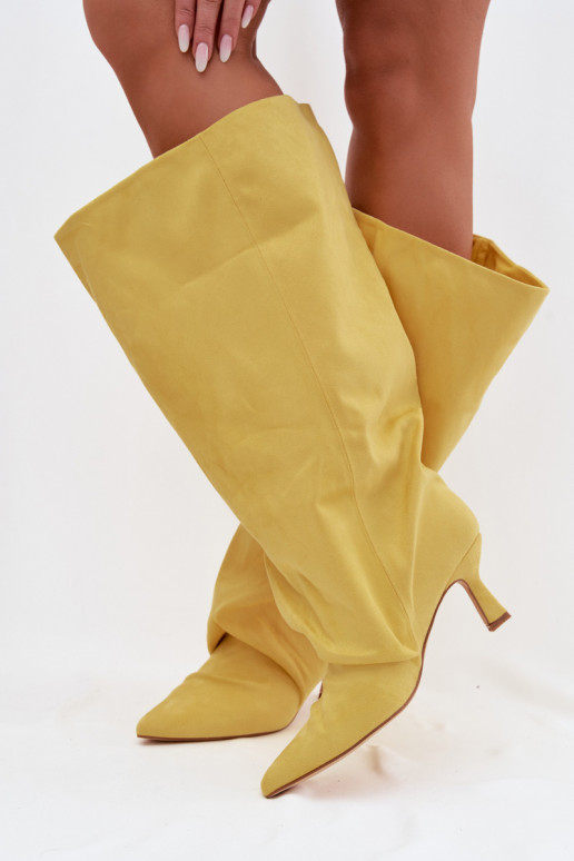Yellow Harela Wide Shaft Boots with Ruffles on Heel
