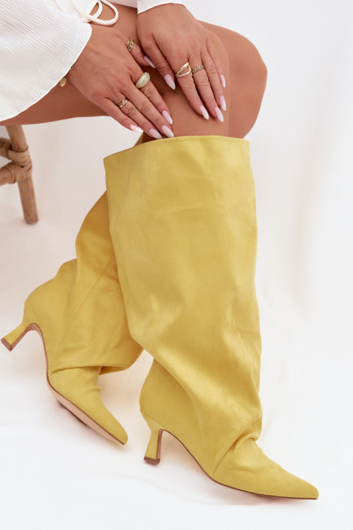 Yellow Harela Wide Shaft Boots with Ruffles on Heel