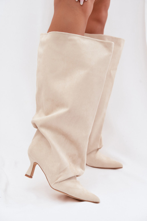 Beige Harela Wide Shaft Boots With Ruffles On Heel