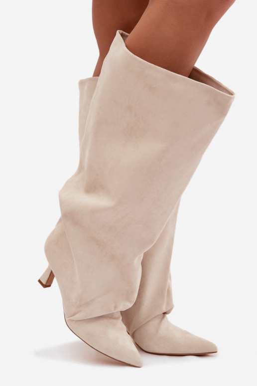 Beige Harela Wide Shaft Boots With Ruffles On Heel