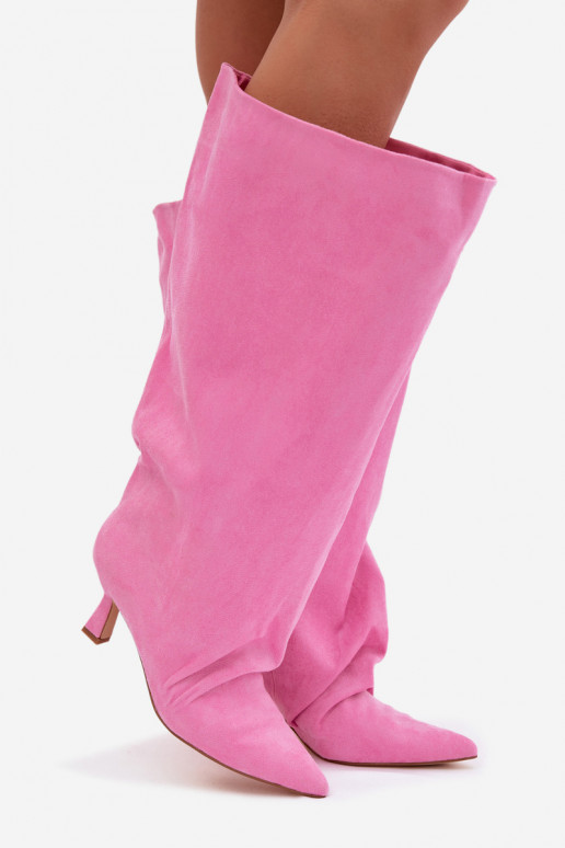 Women's Wide Shaft Boots with Ruching on Heel Pink Harela