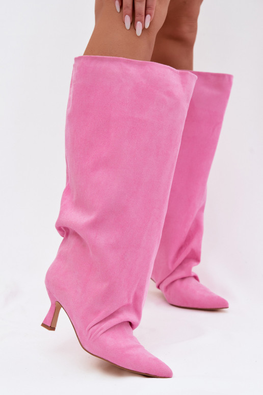 Women's Wide Shaft Boots with Ruching on Heel Pink Harela