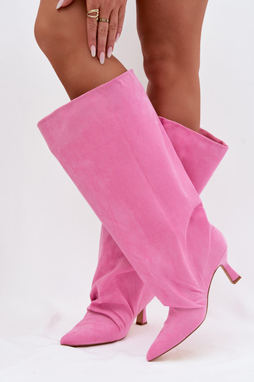 Women's Wide Shaft Boots with Ruching on Heel Pink Harela