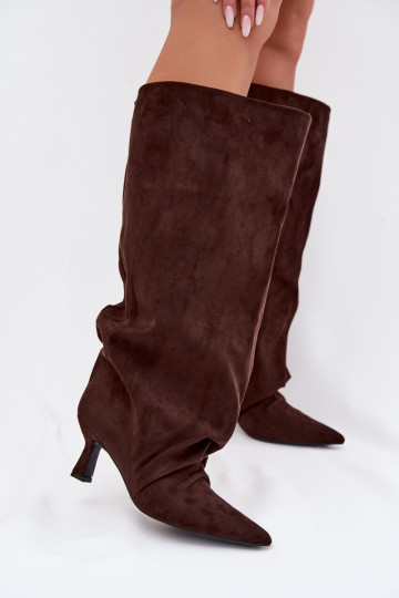 Harela Wide Shaft Boots with Ruffles on Heel Chocolate 2