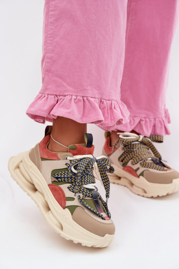 Skórzane Sneakersy Damskie Na Platformie D&A CR61-3133 Beżowe