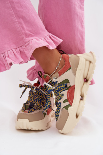Skórzane Sneakersy Damskie Na Platformie D&A CR61-3133 Beżowe 2