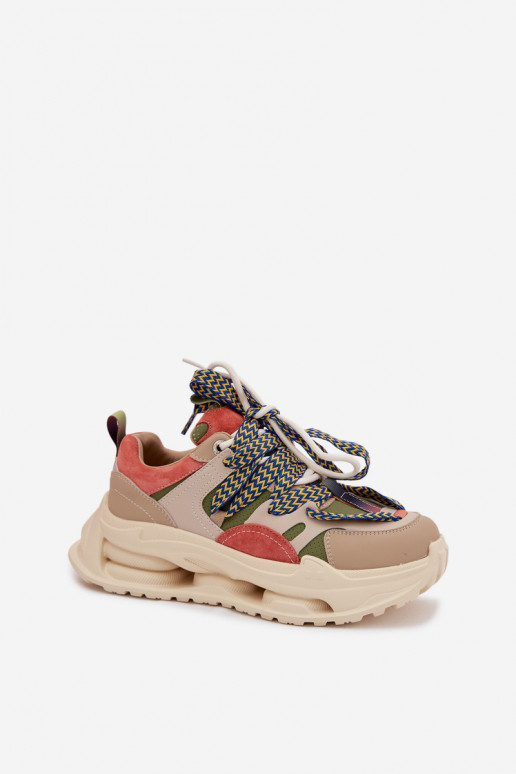 Skórzane Sneakersy Damskie Na Platformie D&A CR61-3133 Beżowe