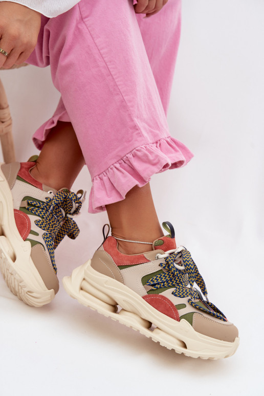 Skórzane Sneakersy Damskie Na Platformie D&A CR61-3133 Beżowe