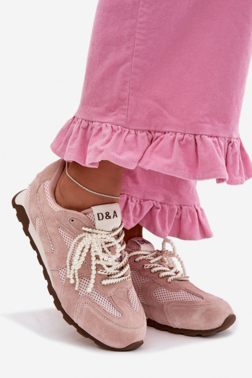 Skórzane Zamszowe Sneakersy Damskie MK61-0705 Różowe