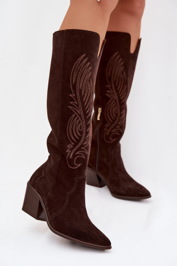 Suede Leather Cowboy Boots With Heel Zazoo 3152 Chocolate 2
