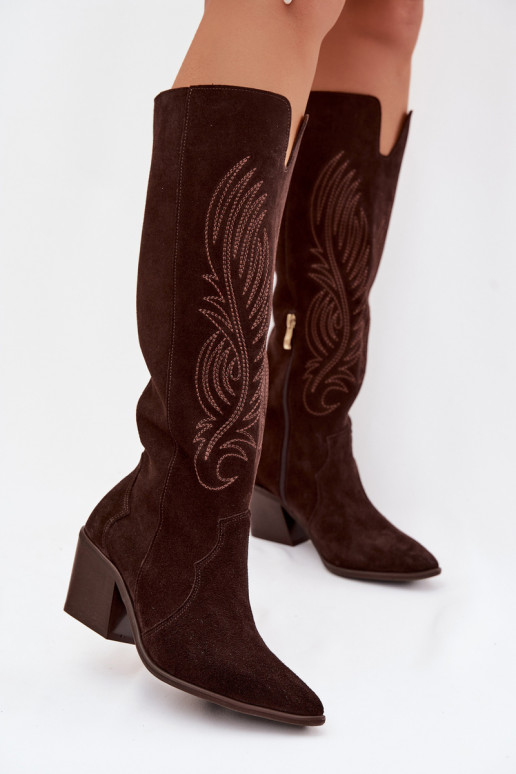 Suede Leather Cowboy Boots With Heel Zazoo 3152 Chocolate