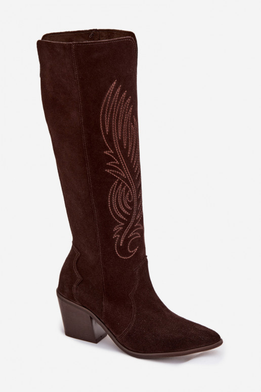 Suede Leather Cowboy Boots With Heel Zazoo 3152 Chocolate