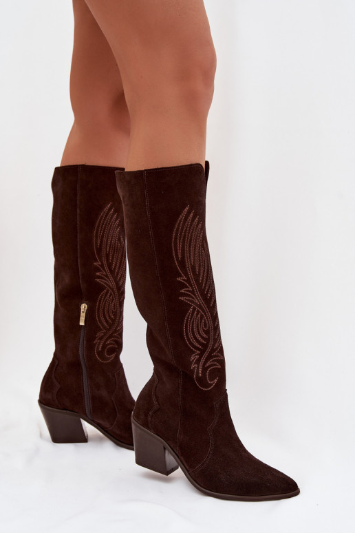 Suede Leather Cowboy Boots With Heel Zazoo 3152 Chocolate