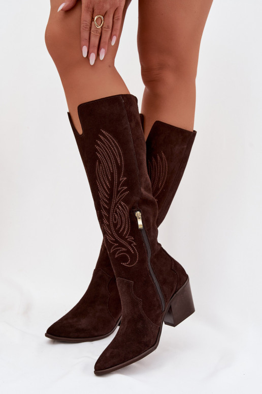 Suede Leather Cowboy Boots With Heel Zazoo 3152 Chocolate