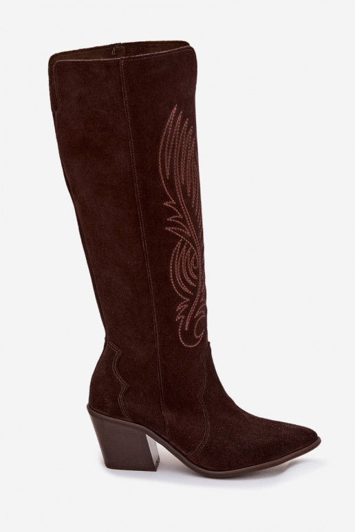 Suede Leather Cowboy Boots With Heel Zazoo 3152 Chocolate