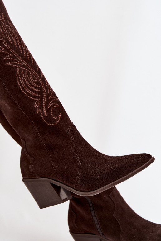 Suede Leather Cowboy Boots With Heel Zazoo 3152 Chocolate