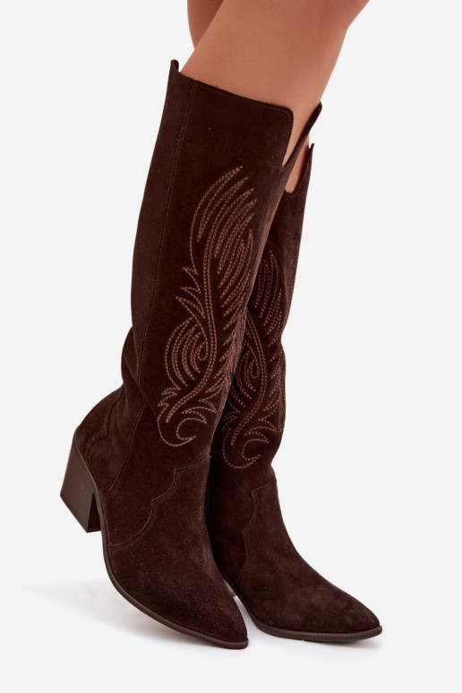Suede Leather Cowboy Boots With Heel Zazoo 3152 Chocolate