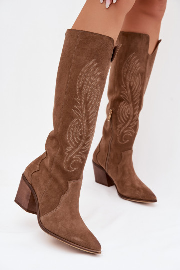 Zamszowe Skórzane Kozaki Kowbojki Na Obcasie Zazoo 3152 Beżowe