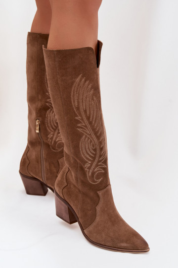 Suede Leather Cowboy Boots With Heel Zazoo 3152 Beige 2