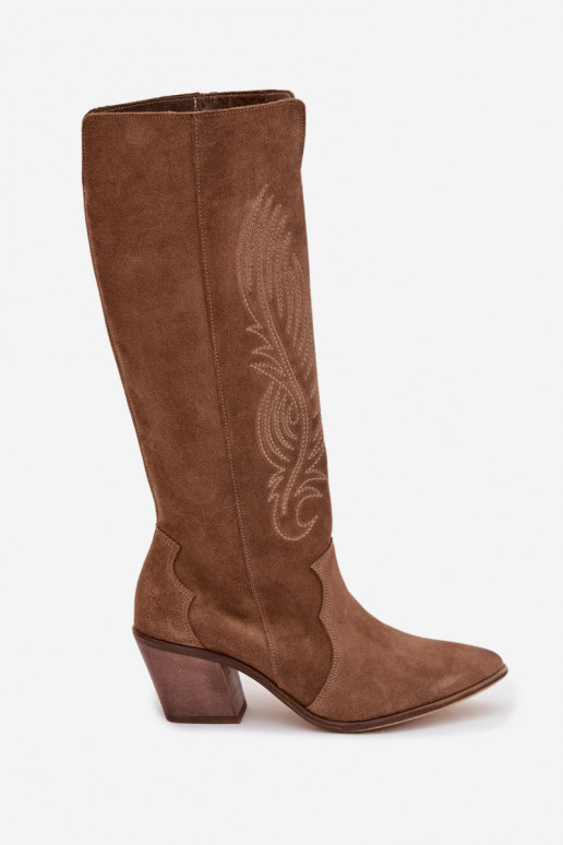 Suede Leather Cowboy Boots With Heel Zazoo 3152 Beige