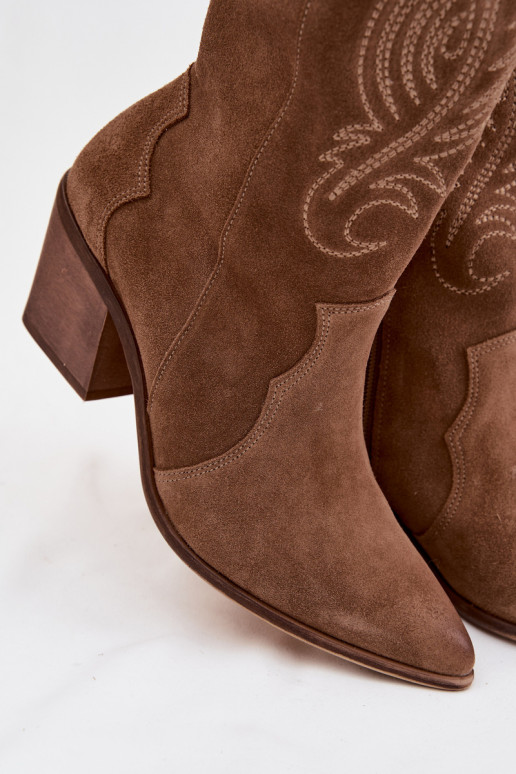 Suede Leather Cowboy Boots With Heel Zazoo 3152 Beige