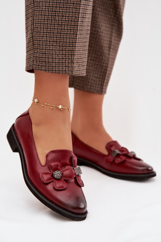 Women's Flat Heeled Shoes with Decorative Flowers Bordeaux Tavillette