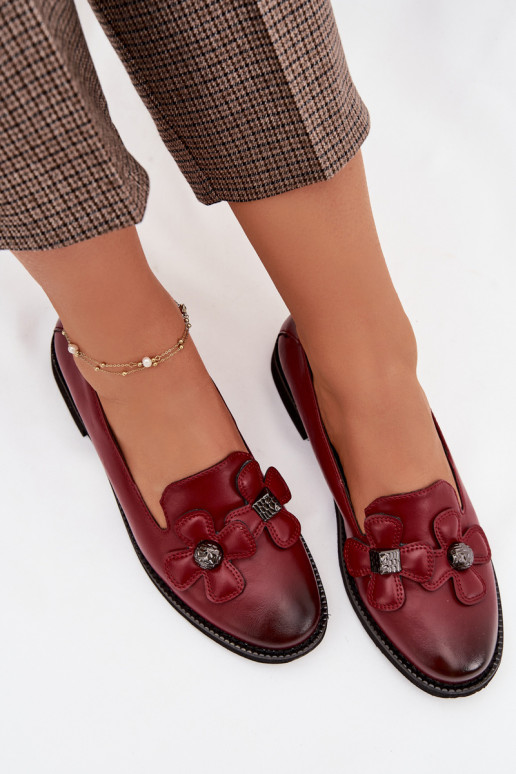 Women's Flat Heeled Shoes with Decorative Flowers Bordeaux Tavillette