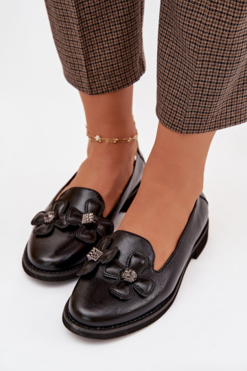 Women's Flat Shoes with Decorative Flowers Black Tavillette