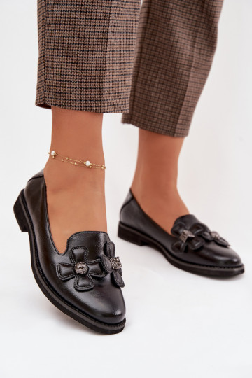 Women's Flat Shoes with Decorative Flowers Black Tavillette 2