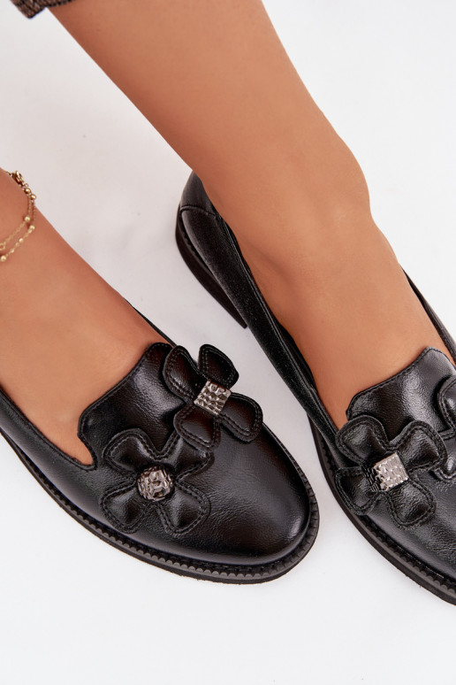 Women's Flat Shoes with Decorative Flowers Black Tavillette